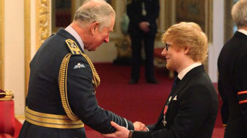 Ed Sheeran picks up MBE from Prince Charles at Buckingham Palace
