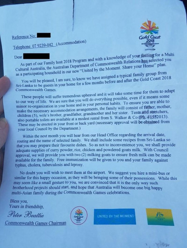 Racist hoax letter asks locals to host Sri Lankan family during Cwealth Games