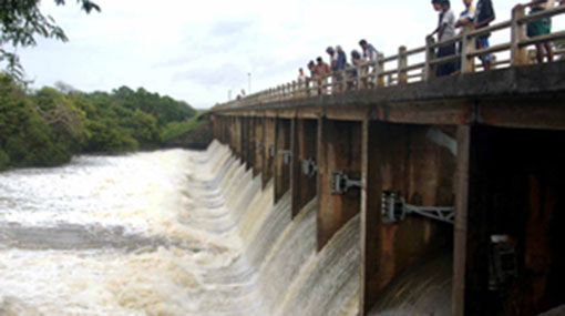 Four sluice gates of Thabbowa Reservoir opened
