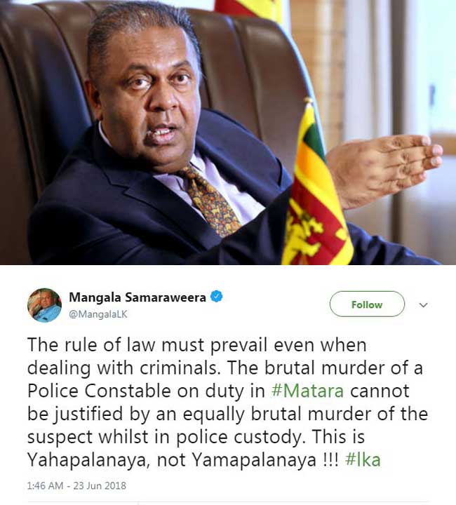 Mangala tweets about Matara shootout incident 