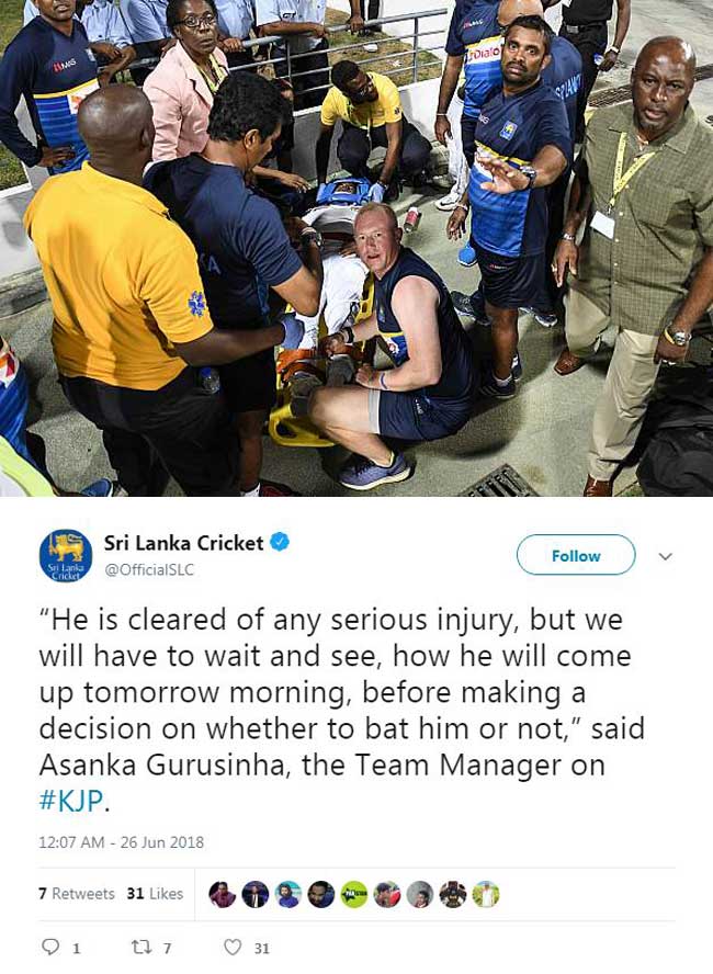 Kusal Perera cleared of any serious injury after nasty collision