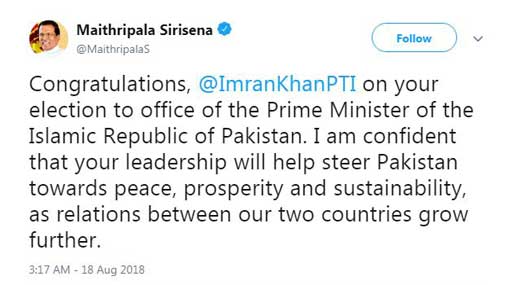President tweets is well wishes to new Pakistani Premier Imran Khan