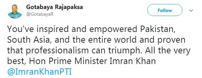Gotabhaya congratulates Imran khan via twitter