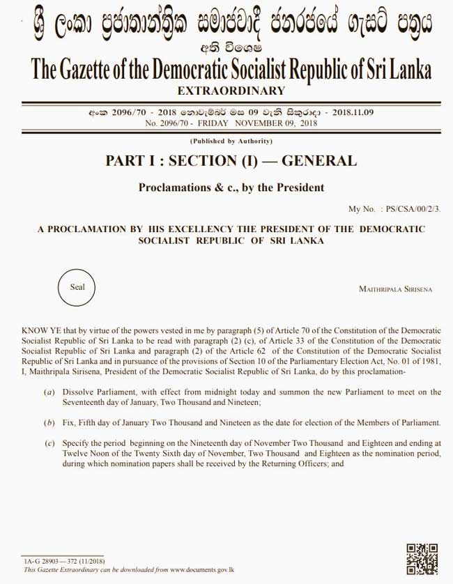 Sri Lankan Parliament dissolved; General Election on Jan 5