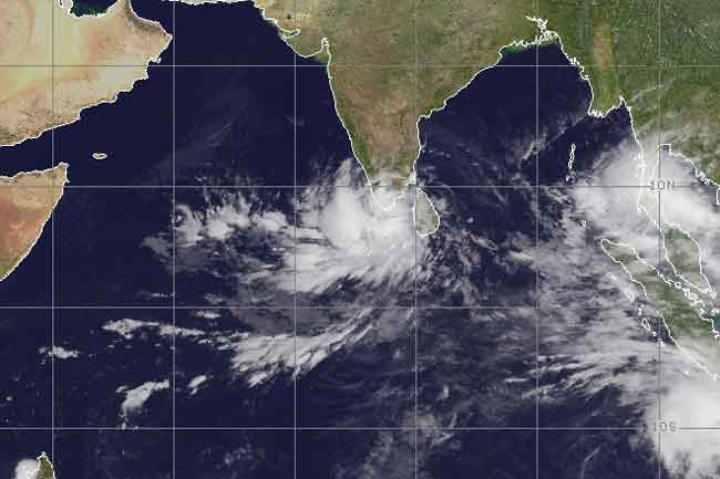 Low-level atmospheric disturbance developing near Sri Lanka