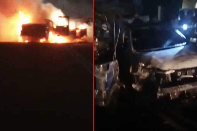 Fire breaks out on Dehiwala flyover after car collides with three-wheeler 