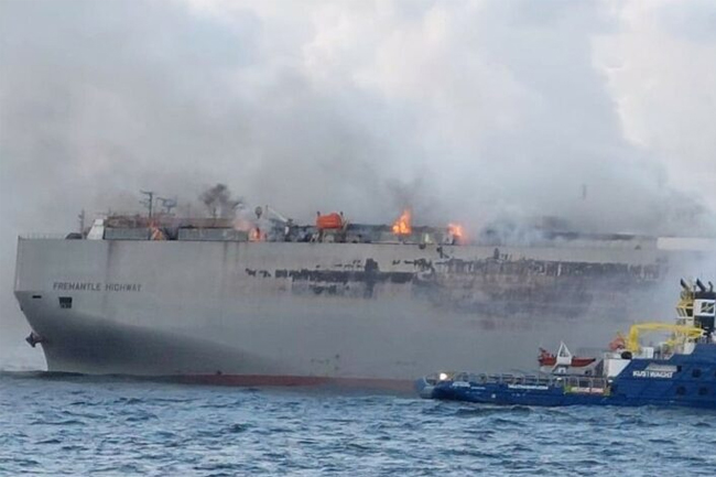 Cargo ship carrying nearly 3,000 cars catches fire in North Sea 