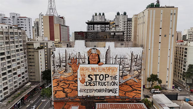 Giant mural in Sao Paulo uses ash from wildfires to highlight deforestation