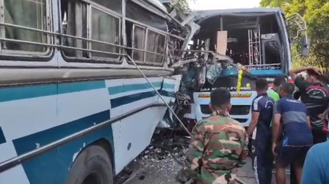 Two dead, 40 injured in head-on collision of buses in Minneriya