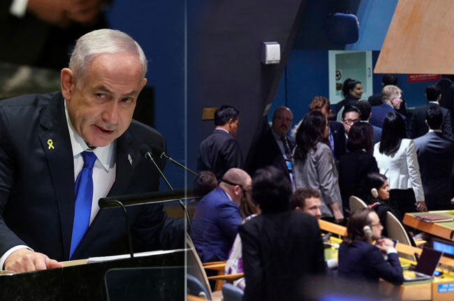 Dozens of delegates from multiple nations walk out of UN hall as Israeli prime minister prepares to speak
