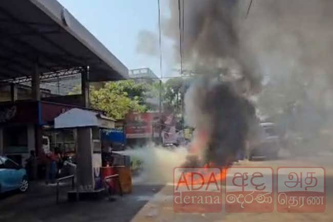 Motorcycle catches fire at Jaffna filling station